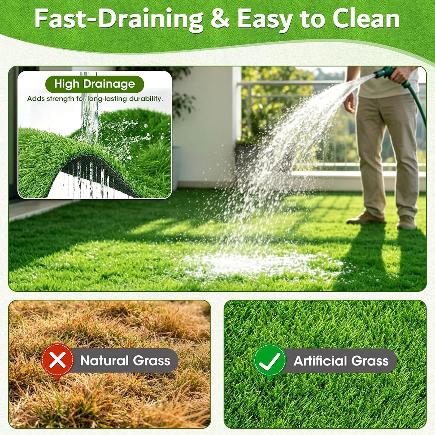 Artificial Grass Rug 2.6x3.3 FT, Synthetic Turf with Drainage Holes, for Patio, Balcony, Backyard, Dog Potty Training, Indoor Outdoor Lawn Carpet