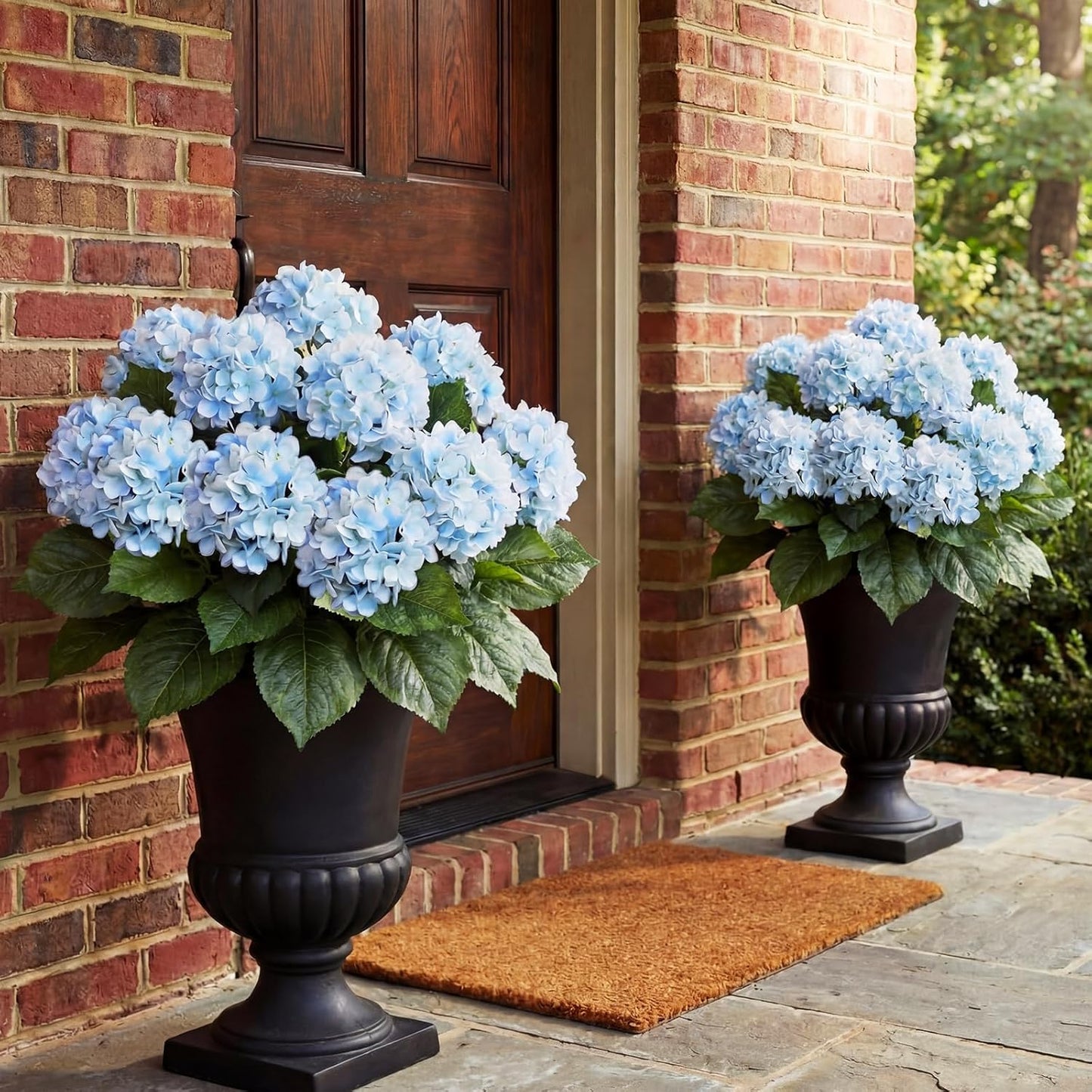 Hydrangea Artificial Flower Bush for Outdoor 19.6inch Large Silk Hydrangea 5 Heads Realistic UV Resistant Fake Flower for Porch Bouquet Window Box Wedding Indoor(2 Pcs,Blue)