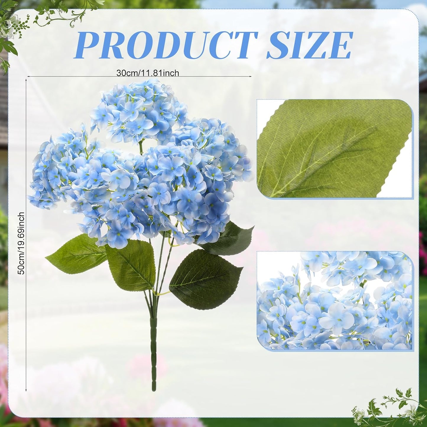 Hydrangea Artificial Flower Bush for Outdoor 19.6inch Large Silk Hydrangea 5 Heads Realistic UV Resistant Fake Flower for Porch Bouquet Window Box Wedding Indoor(2 Pcs,Blue)
