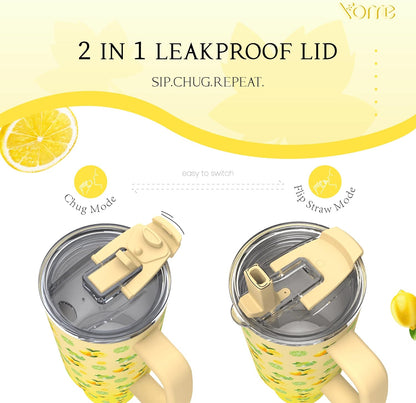 YOME 40 oz Lemon Yellow Tumbler with Handle and Flip Straw for Women | Stainless Steel Insulated Water Bottle | Keeps Drinks Cold | Dishwasher Safe | Cupholder Friendly | Gift Gym Travel Yoga