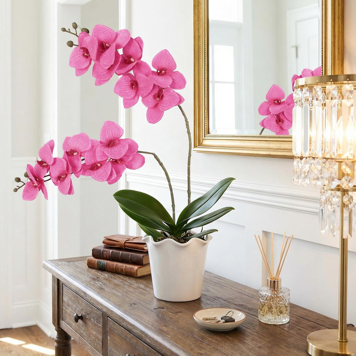6 Pcs Hot Pink Orchids Artificial Flowers Velvet Silk Faux Phalaenopsis Orchid Stems 30" Long Branch Fake Orchids That Look Real for Tall Vase Wedding Party Centerpieces Home Decor (Hot Pink)