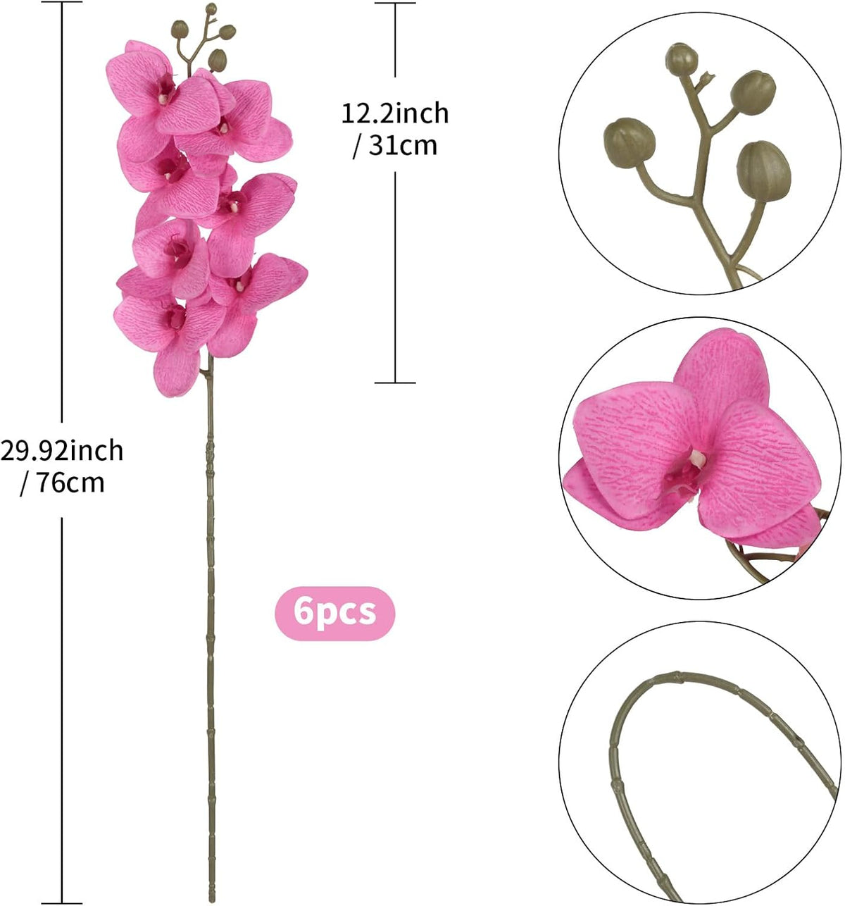 6 Pcs Hot Pink Orchids Artificial Flowers Velvet Silk Faux Phalaenopsis Orchid Stems 30" Long Branch Fake Orchids That Look Real for Tall Vase Wedding Party Centerpieces Home Decor (Hot Pink)