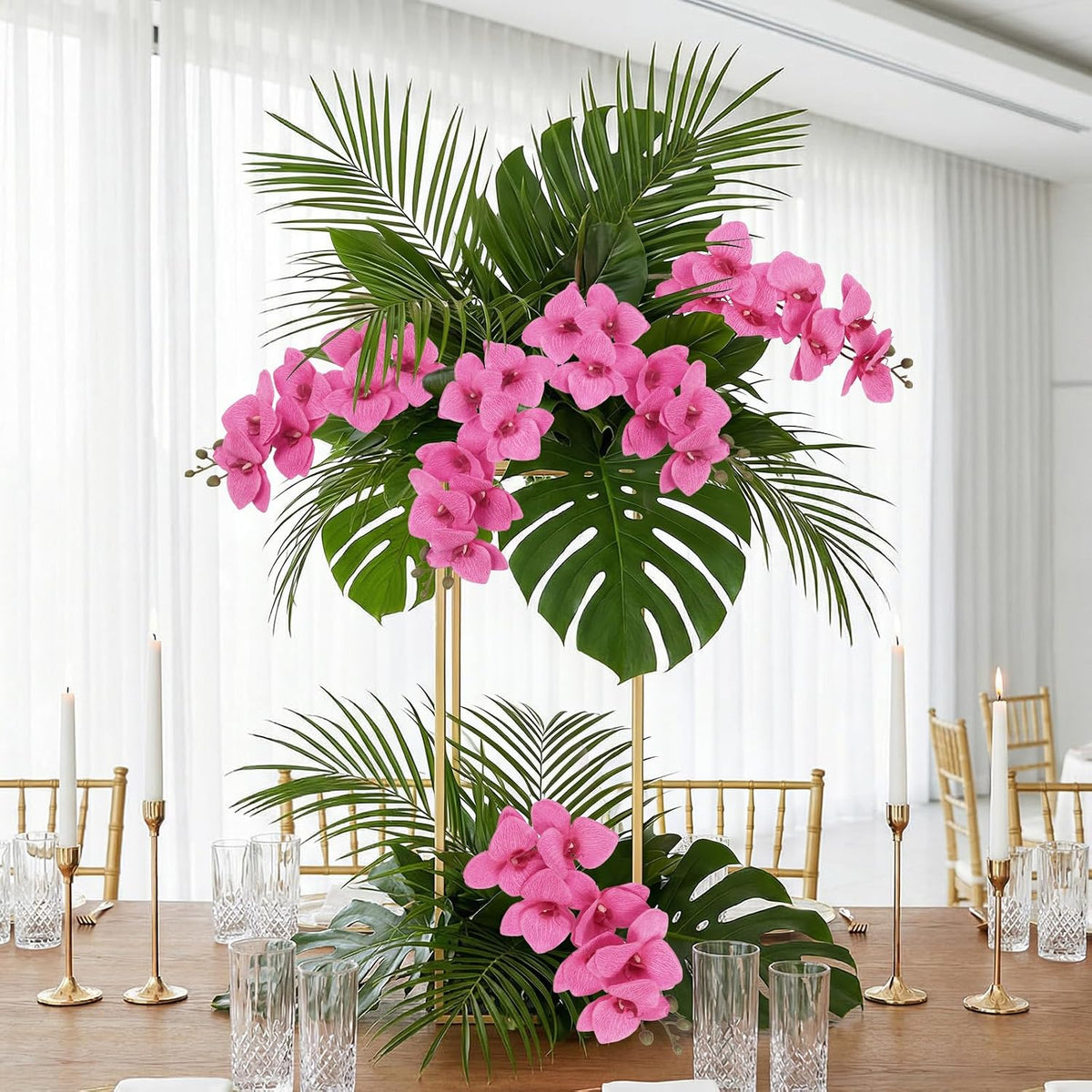 6 Pcs Hot Pink Orchids Artificial Flowers Velvet Silk Faux Phalaenopsis Orchid Stems 30" Long Branch Fake Orchids That Look Real for Tall Vase Wedding Party Centerpieces Home Decor (Hot Pink)