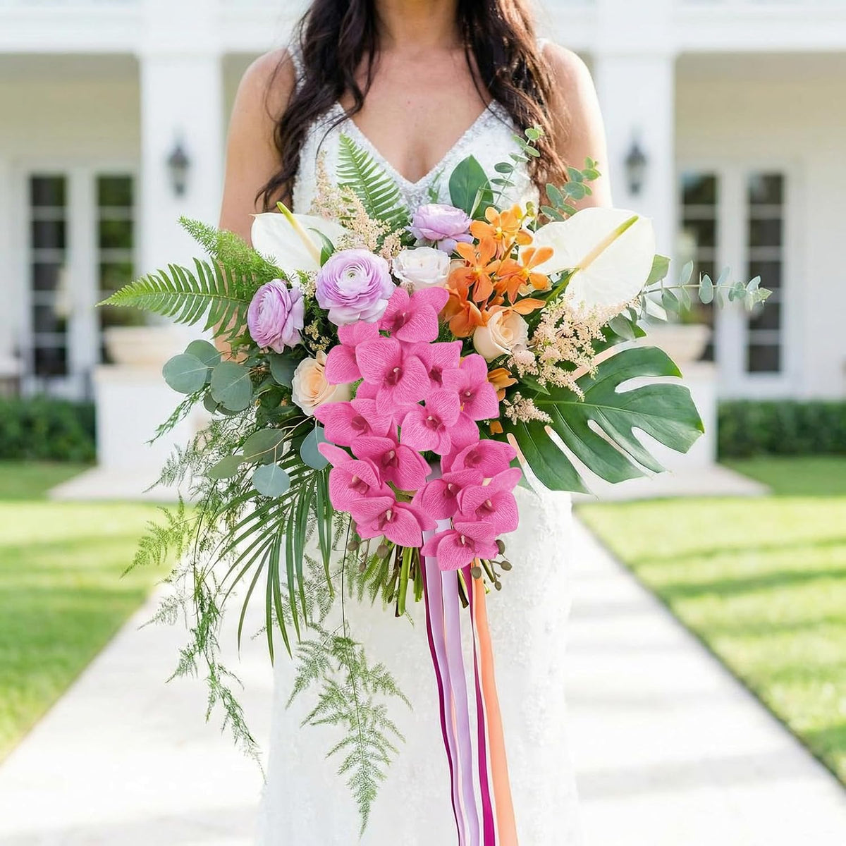 6 Pcs Hot Pink Orchids Artificial Flowers Velvet Silk Faux Phalaenopsis Orchid Stems 30" Long Branch Fake Orchids That Look Real for Tall Vase Wedding Party Centerpieces Home Decor (Hot Pink)