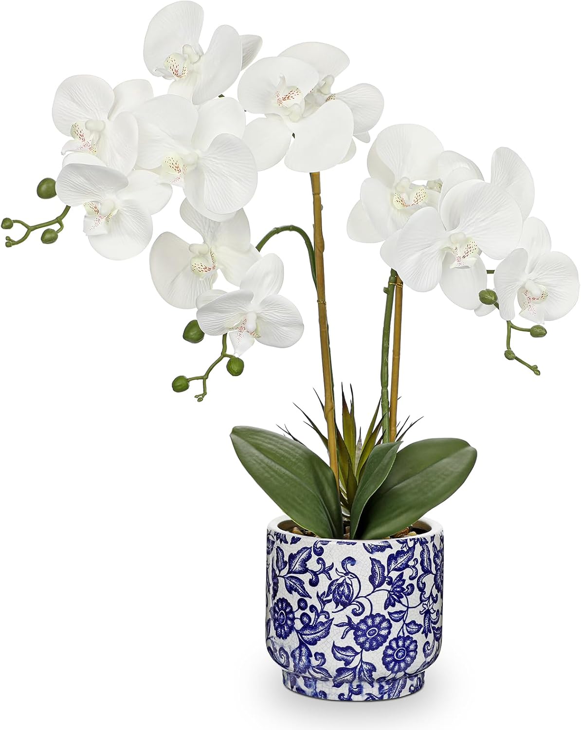 Orchid Artificial Flowers 19.6in White Orchid Silk Floral Arrangement with Blue and White Ceramic Pot Fake Orchid Plant for Home Office Dining Room Table Centerpiece Decor