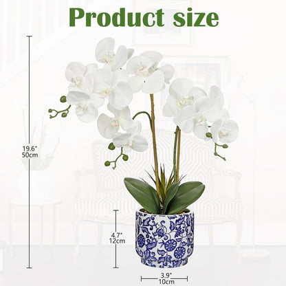 Orchid Artificial Flowers 19.6in White Orchid Silk Floral Arrangement with Blue and White Ceramic Pot Fake Orchid Plant for Home Office Dining Room Table Centerpiece Decor