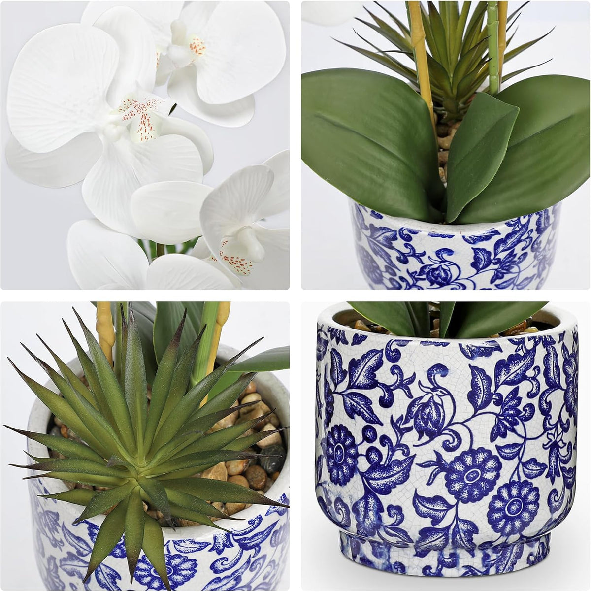 Orchid Artificial Flowers 19.6in White Orchid Silk Floral Arrangement with Blue and White Ceramic Pot Fake Orchid Plant for Home Office Dining Room Table Centerpiece Decor
