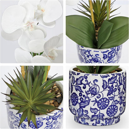 Orchid Artificial Flowers 19.6in White Orchid Silk Floral Arrangement with Blue and White Ceramic Pot Fake Orchid Plant for Home Office Dining Room Table Centerpiece Decor