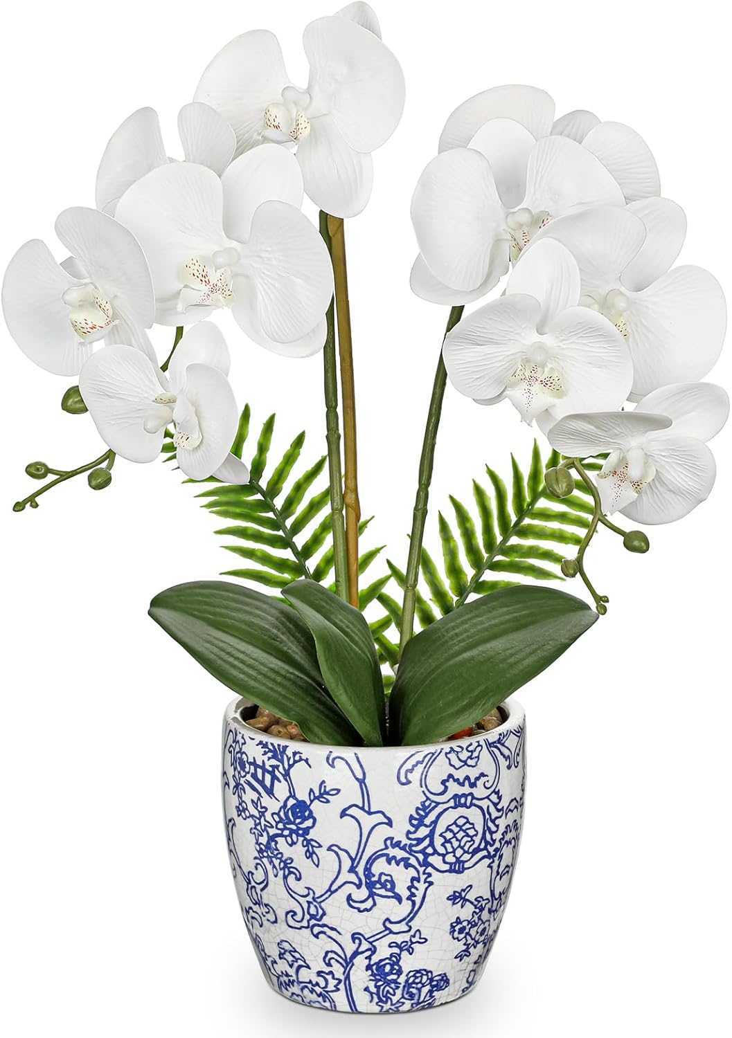 Orchid Artificial Flowers 19.6in White Orchid Silk Floral Arrangement with Blue and White Ceramic Pot Fake Orchid Plant for Home Office Dining Room Table Centerpiece Decor