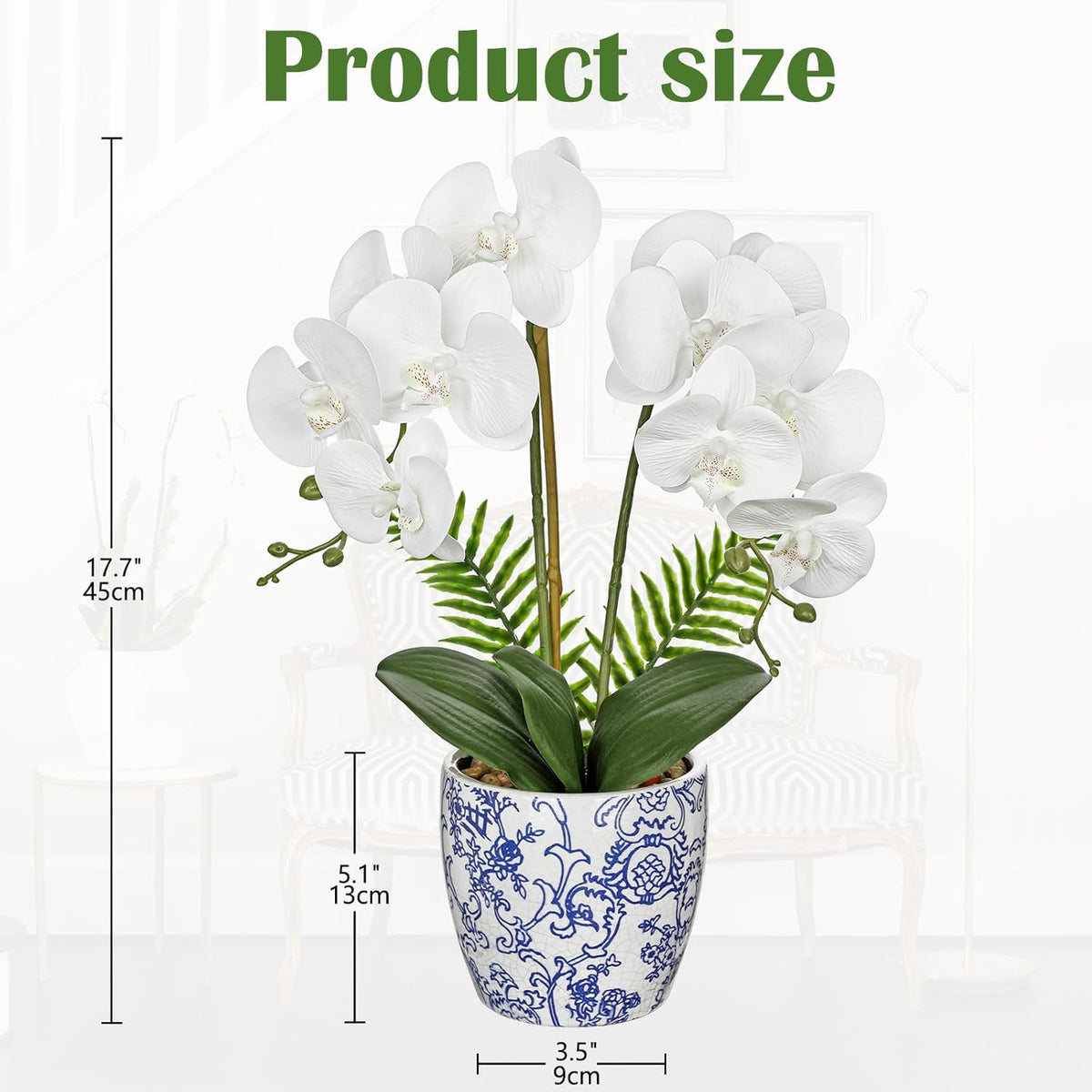 Orchid Artificial Flowers 19.6in White Orchid Silk Floral Arrangement with Blue and White Ceramic Pot Fake Orchid Plant for Home Office Dining Room Table Centerpiece Decor