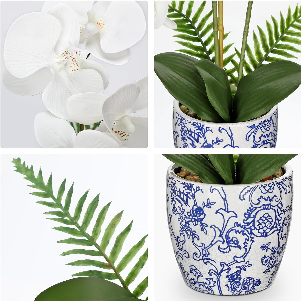 Orchid Artificial Flowers 19.6in White Orchid Silk Floral Arrangement with Blue and White Ceramic Pot Fake Orchid Plant for Home Office Dining Room Table Centerpiece Decor