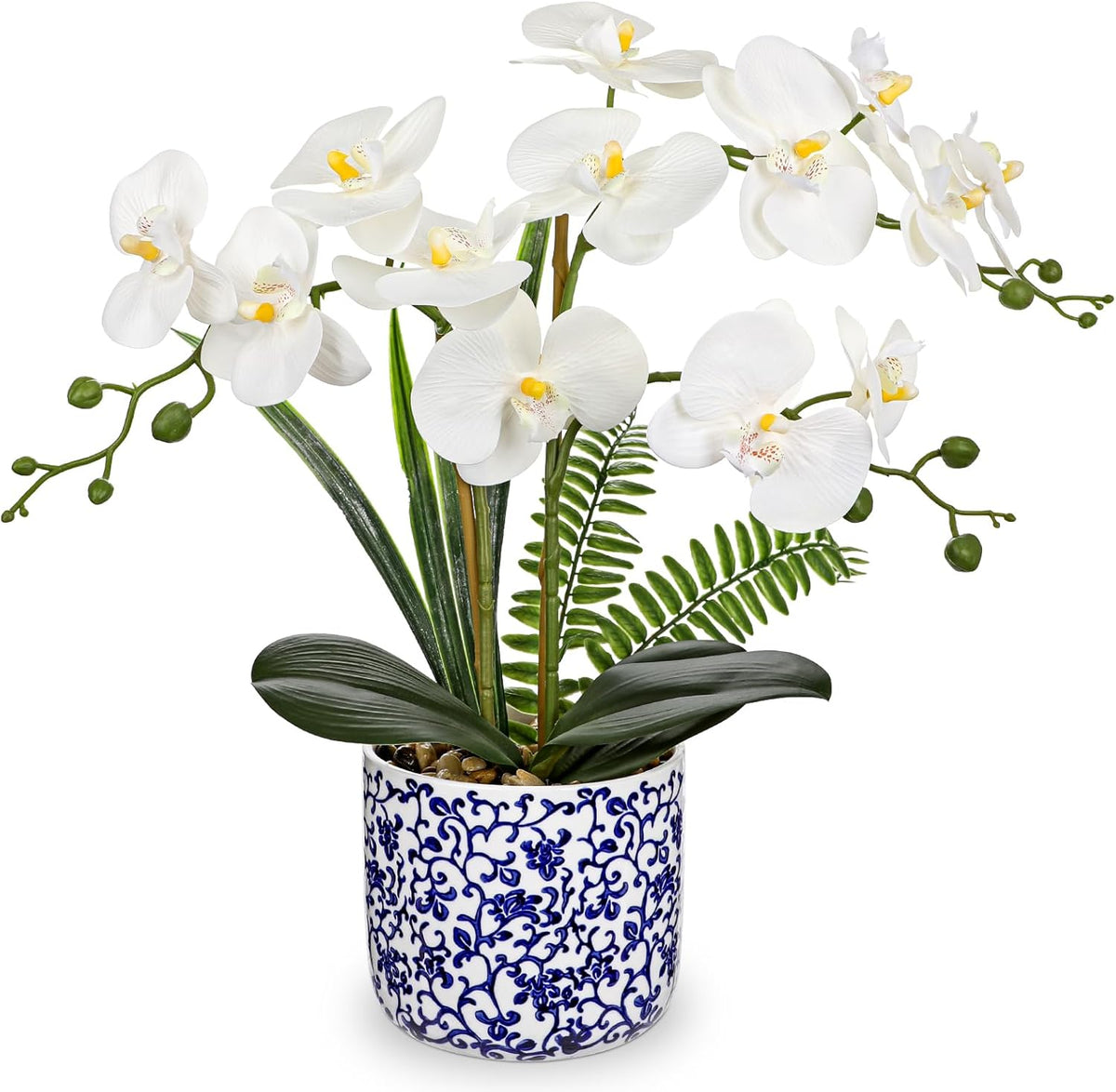 Orchid Artificial Flowers 19.6in White Orchid Silk Floral Arrangement with Blue and White Ceramic Pot Fake Orchid Plant for Home Office Dining Room Table Centerpiece Decor