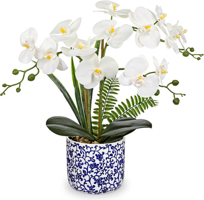 Orchid Artificial Flowers 19.6in White Orchid Silk Floral Arrangement with Blue and White Ceramic Pot Fake Orchid Plant for Home Office Dining Room Table Centerpiece Decor