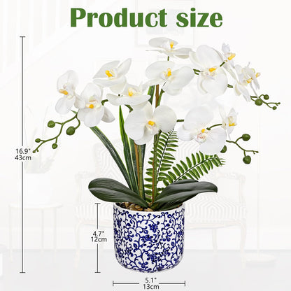 Orchid Artificial Flowers 19.6in White Orchid Silk Floral Arrangement with Blue and White Ceramic Pot Fake Orchid Plant for Home Office Dining Room Table Centerpiece Decor