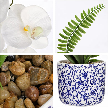 Orchid Artificial Flowers 19.6in White Orchid Silk Floral Arrangement with Blue and White Ceramic Pot Fake Orchid Plant for Home Office Dining Room Table Centerpiece Decor