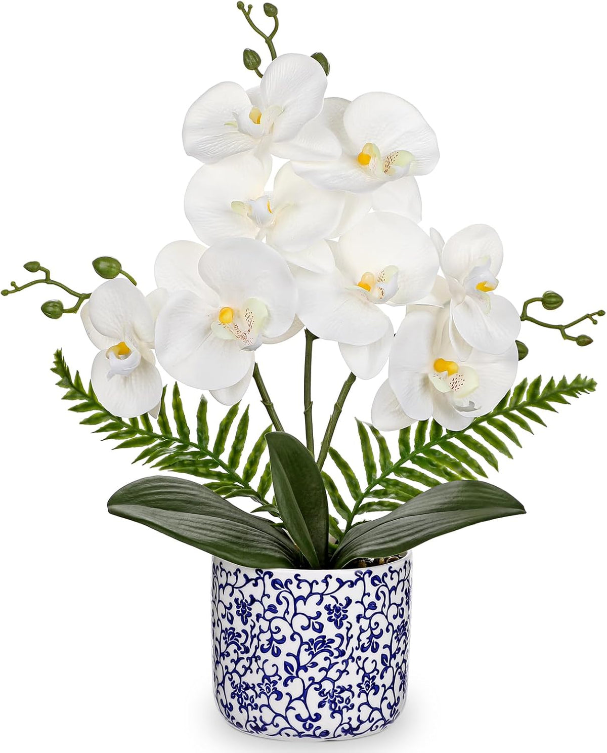 Orchid Artificial Flowers 19.6in White Orchid Silk Floral Arrangement with Blue and White Ceramic Pot Fake Orchid Plant for Home Office Dining Room Table Centerpiece Decor