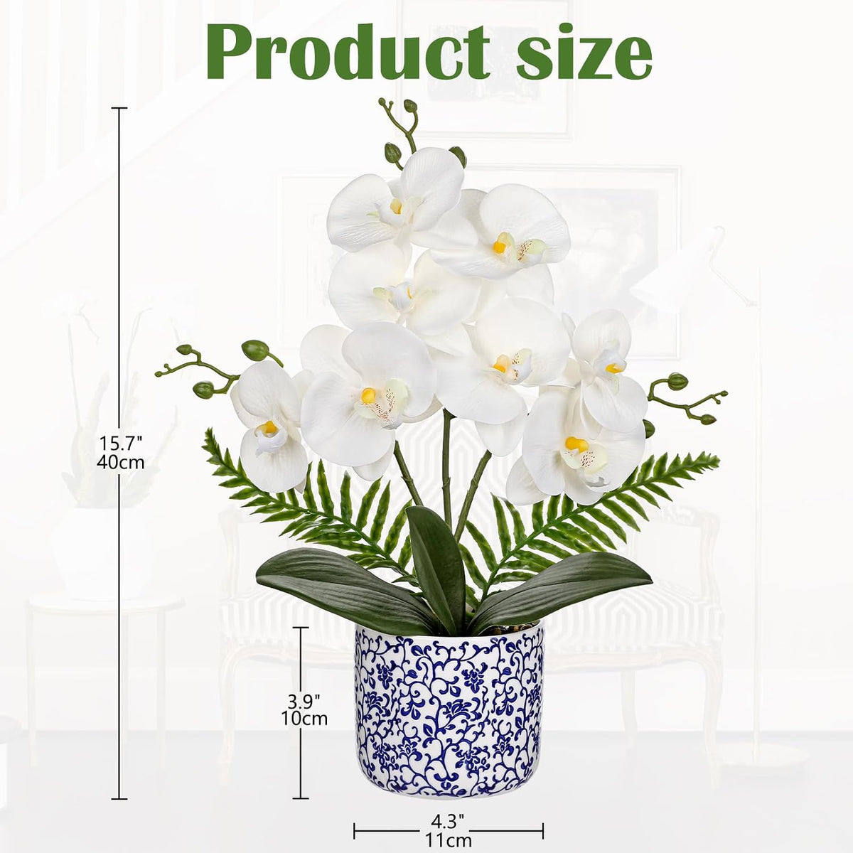 Orchid Artificial Flowers 19.6in White Orchid Silk Floral Arrangement with Blue and White Ceramic Pot Fake Orchid Plant for Home Office Dining Room Table Centerpiece Decor