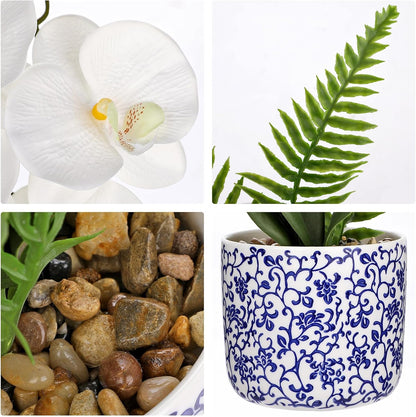 Orchid Artificial Flowers 19.6in White Orchid Silk Floral Arrangement with Blue and White Ceramic Pot Fake Orchid Plant for Home Office Dining Room Table Centerpiece Decor