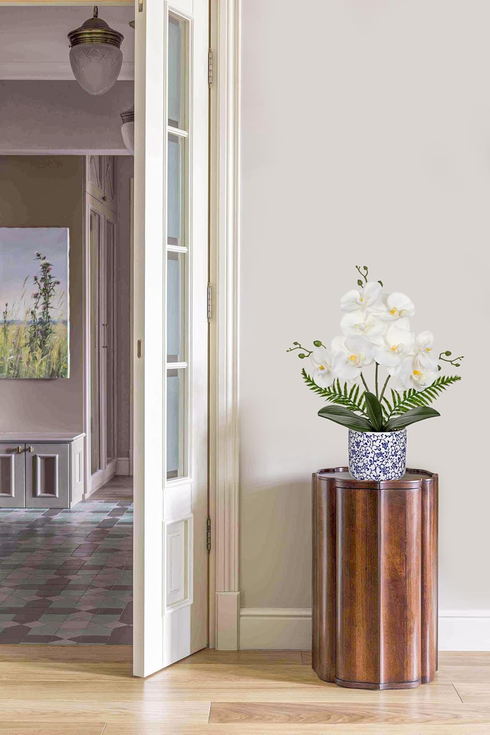 Orchid Artificial Flowers 19.6in White Orchid Silk Floral Arrangement with Blue and White Ceramic Pot Fake Orchid Plant for Home Office Dining Room Table Centerpiece Decor