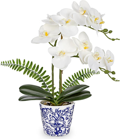 Orchid Artificial Flowers 19.6in White Orchid Silk Floral Arrangement with Blue and White Ceramic Pot Fake Orchid Plant for Home Office Dining Room Table Centerpiece Decor