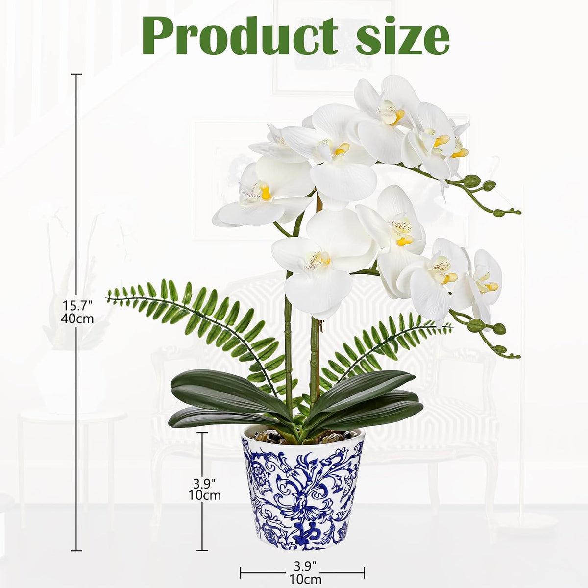 Orchid Artificial Flowers 19.6in White Orchid Silk Floral Arrangement with Blue and White Ceramic Pot Fake Orchid Plant for Home Office Dining Room Table Centerpiece Decor