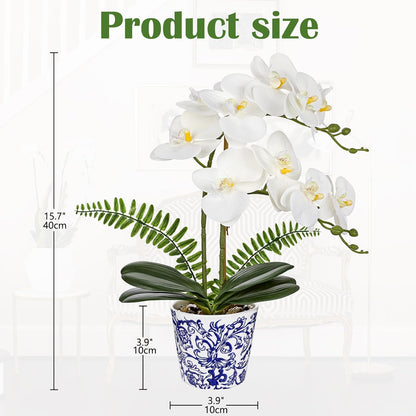 Orchid Artificial Flowers 19.6in White Orchid Silk Floral Arrangement with Blue and White Ceramic Pot Fake Orchid Plant for Home Office Dining Room Table Centerpiece Decor