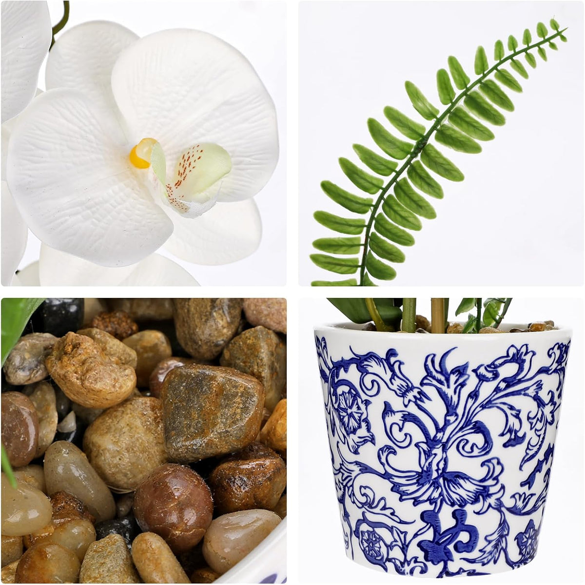 Orchid Artificial Flowers 19.6in White Orchid Silk Floral Arrangement with Blue and White Ceramic Pot Fake Orchid Plant for Home Office Dining Room Table Centerpiece Decor