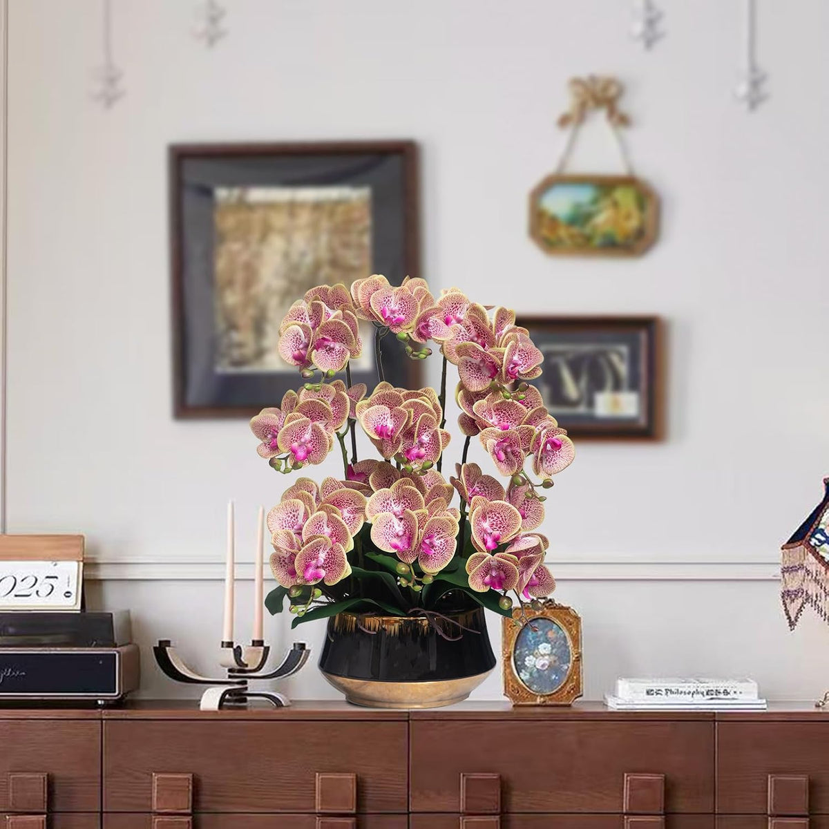 Orchids Artificial Flower Real Touch Fake Flowers in Large Ceramic Pot