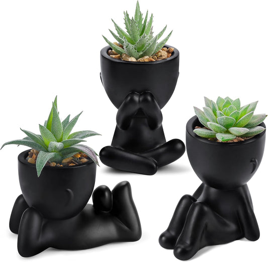 3 Pack Fake Plants in Black Pots for Bathroom Living Room Decor | Unique black human-shaped pot，cute fake succulents plants，perfect for black desk shelf bedroom halloween decor，fresh all year