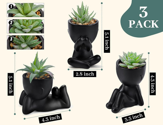 3 Pack Fake Plants in Black Pots for Bathroom Living Room Decor | Unique black human-shaped pot，cute fake succulents plants，perfect for black desk shelf bedroom halloween decor，fresh all year
