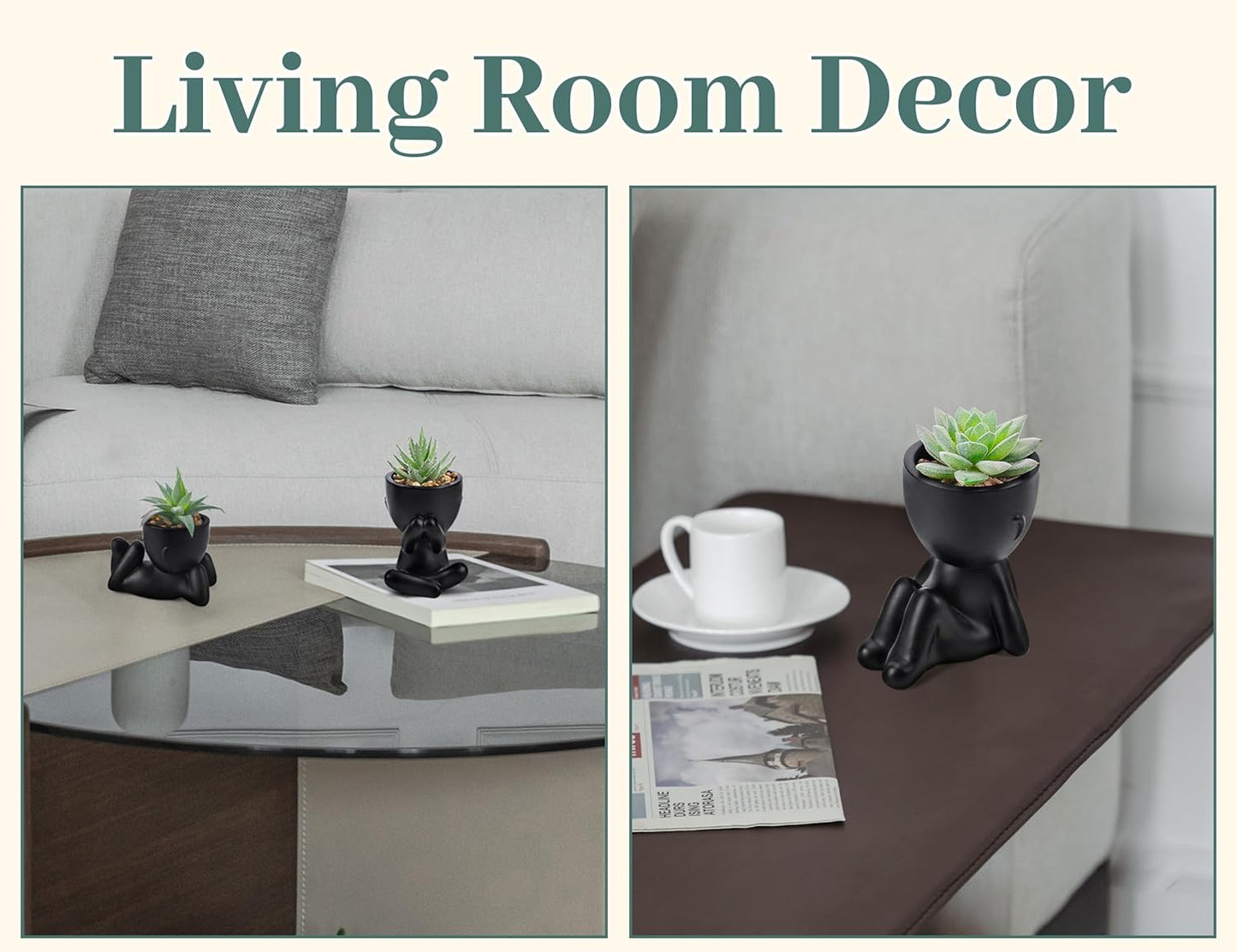 3 Pack Fake Plants in Black Pots for Bathroom Living Room Decor | Unique black human-shaped pot，cute fake succulents plants，perfect for black desk shelf bedroom halloween decor，fresh all year