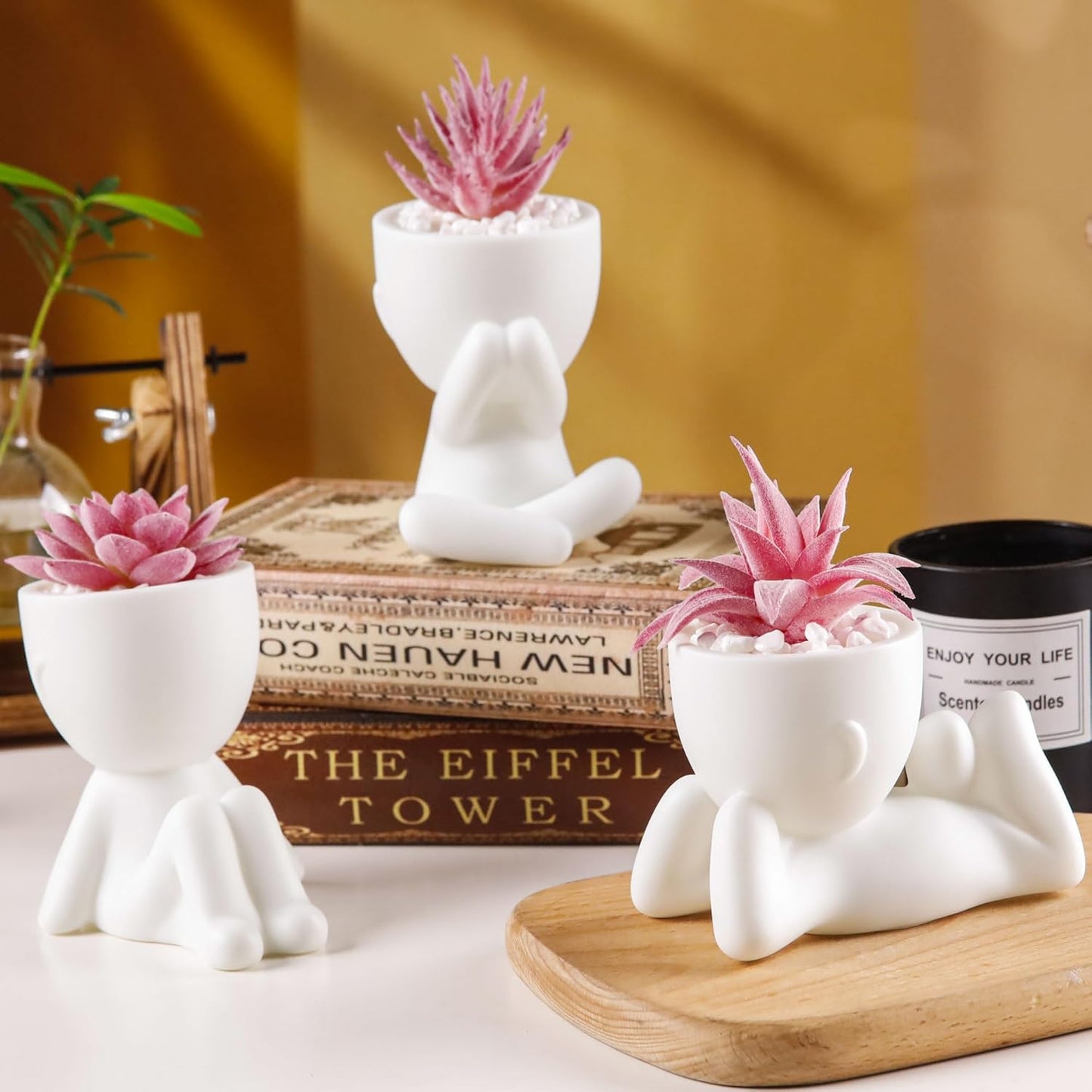 3 Pack Fake Plants in Black Pots for Bathroom Living Room Decor | Unique black human-shaped pot，cute fake succulents plants，perfect for black desk shelf bedroom halloween decor，fresh all year