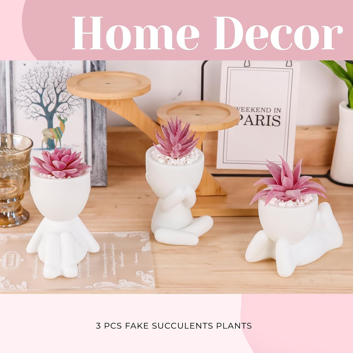 3 Pack Fake Plants in Black Pots for Bathroom Living Room Decor | Unique black human-shaped pot，cute fake succulents plants，perfect for black desk shelf bedroom halloween decor，fresh all year