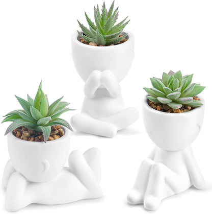 3 Pack Fake Plants in Black Pots for Bathroom Living Room Decor | Unique black human-shaped pot，cute fake succulents plants，perfect for black desk shelf bedroom halloween decor，fresh all year