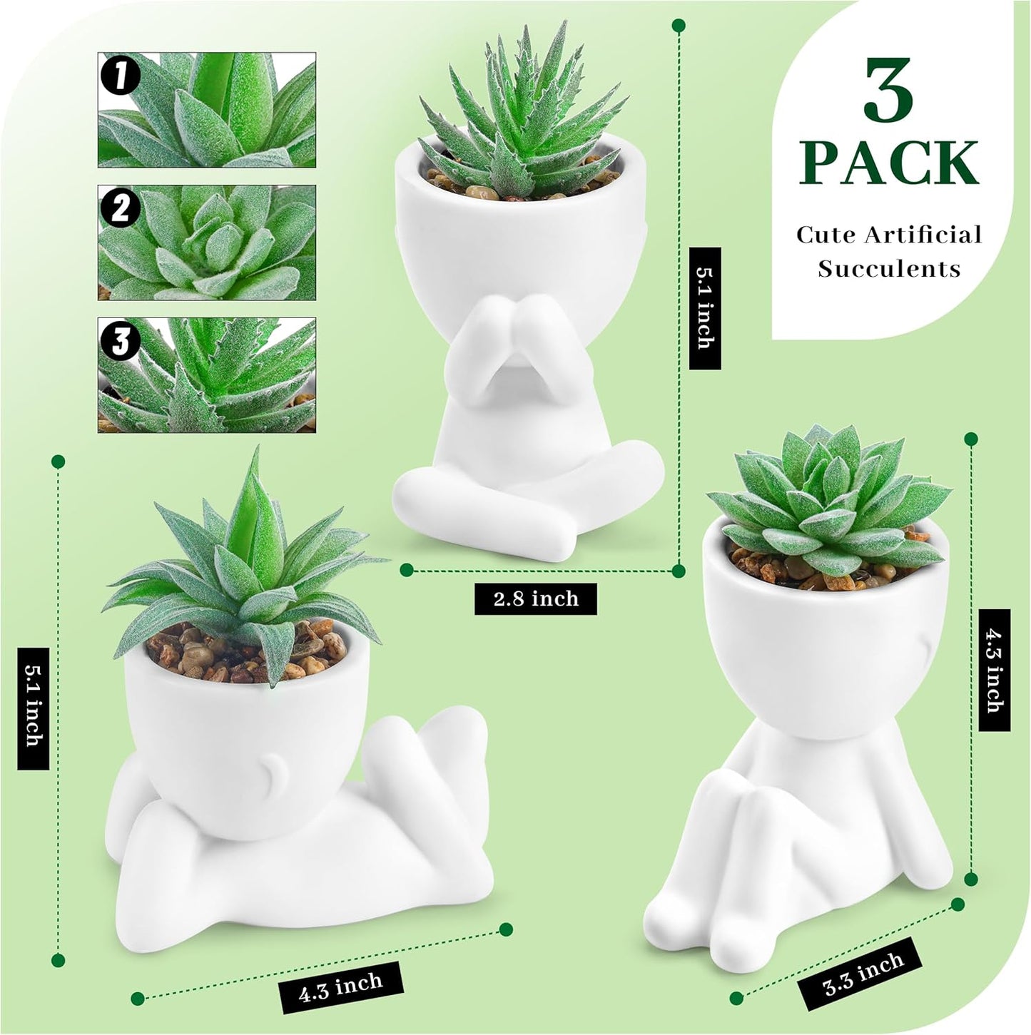3 Pack Fake Plants in Black Pots for Bathroom Living Room Decor | Unique black human-shaped pot，cute fake succulents plants，perfect for black desk shelf bedroom halloween decor，fresh all year