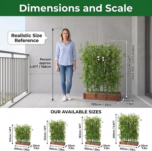 Artificial Bamboo Privacy Screen - 39in Solid Wood Base with 16 Thick Faux Stalks & Panda Decor - UV Resistant Tall Fake Plant for Indoor Outdoor Patio Divider - Dense Leaves (Green, 4FT/1.2M)