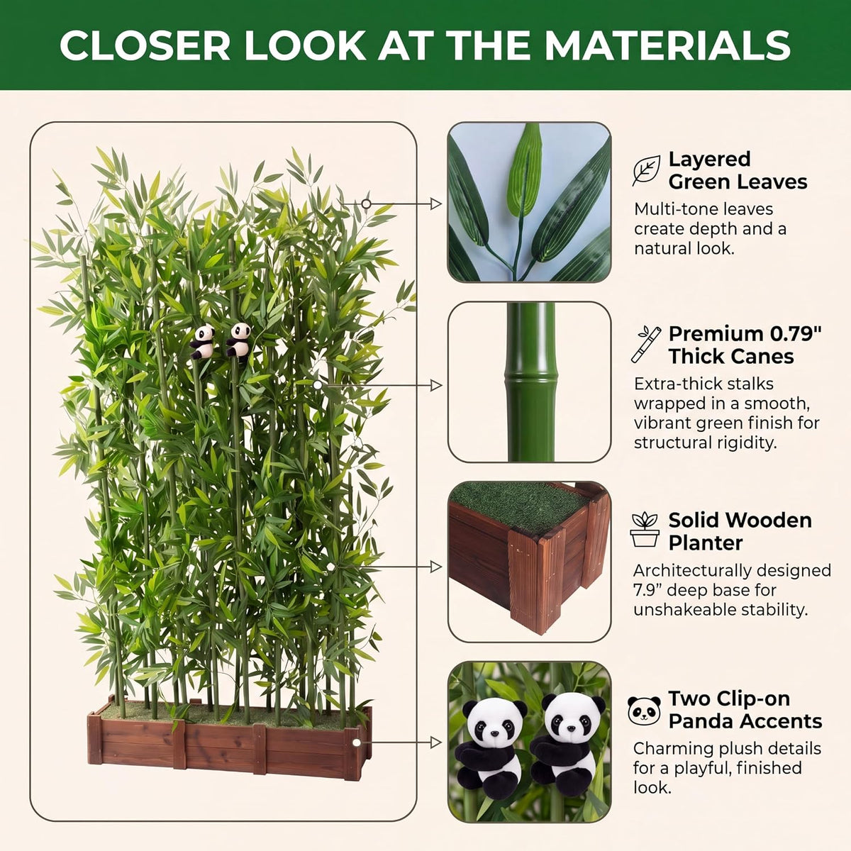 Artificial Bamboo Privacy Screen - 39in Solid Wood Base with 16 Thick Faux Stalks & Panda Decor - UV Resistant Tall Fake Plant for Indoor Outdoor Patio Divider - Dense Leaves (Green, 4FT/1.2M)