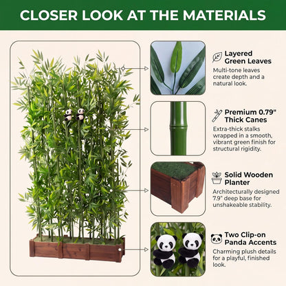 Artificial Bamboo Privacy Screen - 39in Solid Wood Base with 16 Thick Faux Stalks & Panda Decor - UV Resistant Tall Fake Plant for Indoor Outdoor Patio Divider - Dense Leaves (Green, 4FT/1.2M)