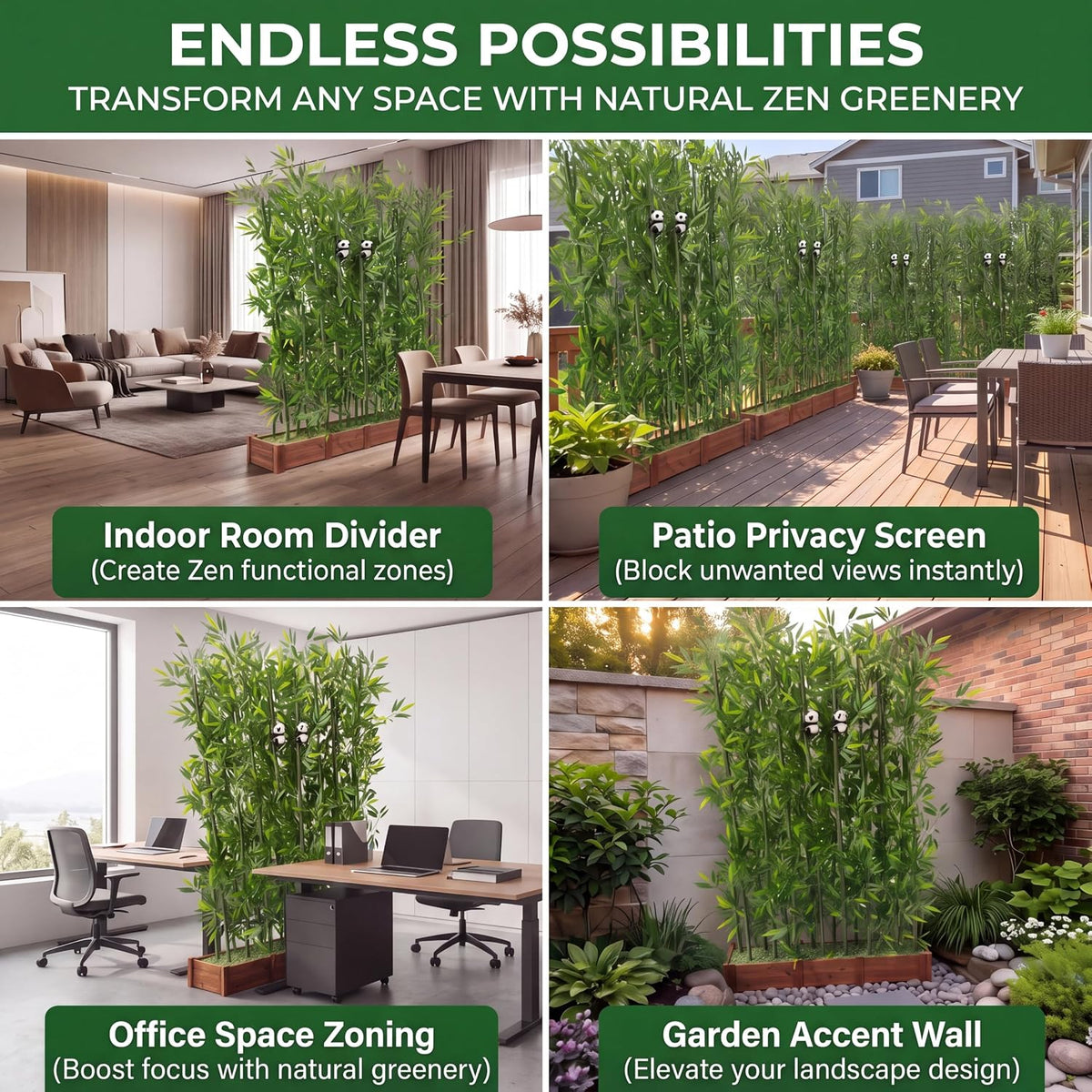 Artificial Bamboo Privacy Screen - 39in Solid Wood Base with 16 Thick Faux Stalks & Panda Decor - UV Resistant Tall Fake Plant for Indoor Outdoor Patio Divider - Dense Leaves (Green, 4FT/1.2M)