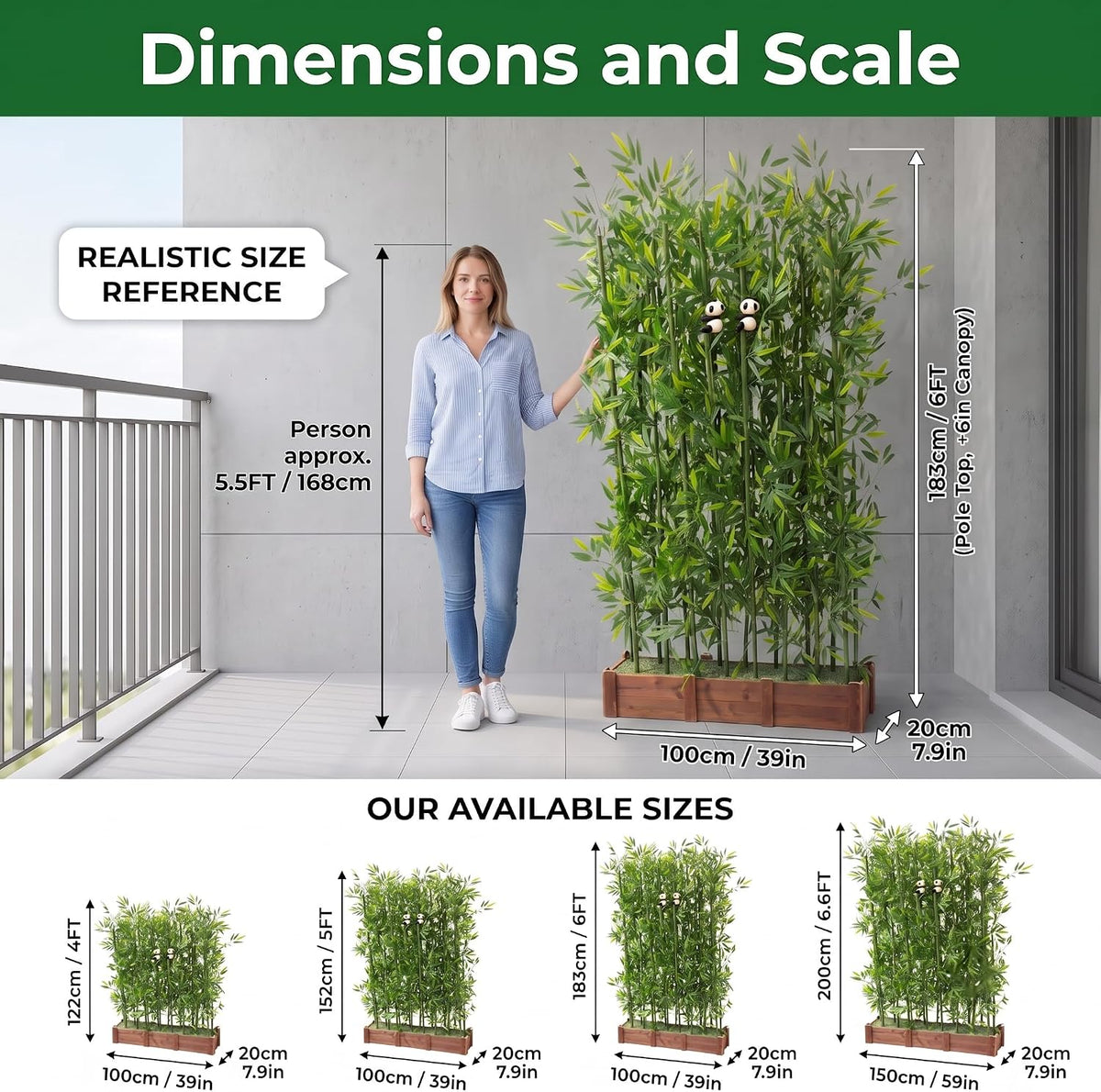 Artificial Bamboo Privacy Screen - 39in Solid Wood Base with 16 Thick Faux Stalks & Panda Decor - UV Resistant Tall Fake Plant for Indoor Outdoor Patio Divider - Dense Leaves (Green, 4FT/1.2M)