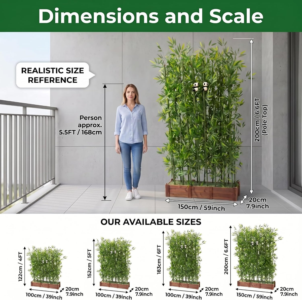 Artificial Bamboo Privacy Screen - 39in Solid Wood Base with 16 Thick Faux Stalks & Panda Decor - UV Resistant Tall Fake Plant for Indoor Outdoor Patio Divider - Dense Leaves (Green, 4FT/1.2M)