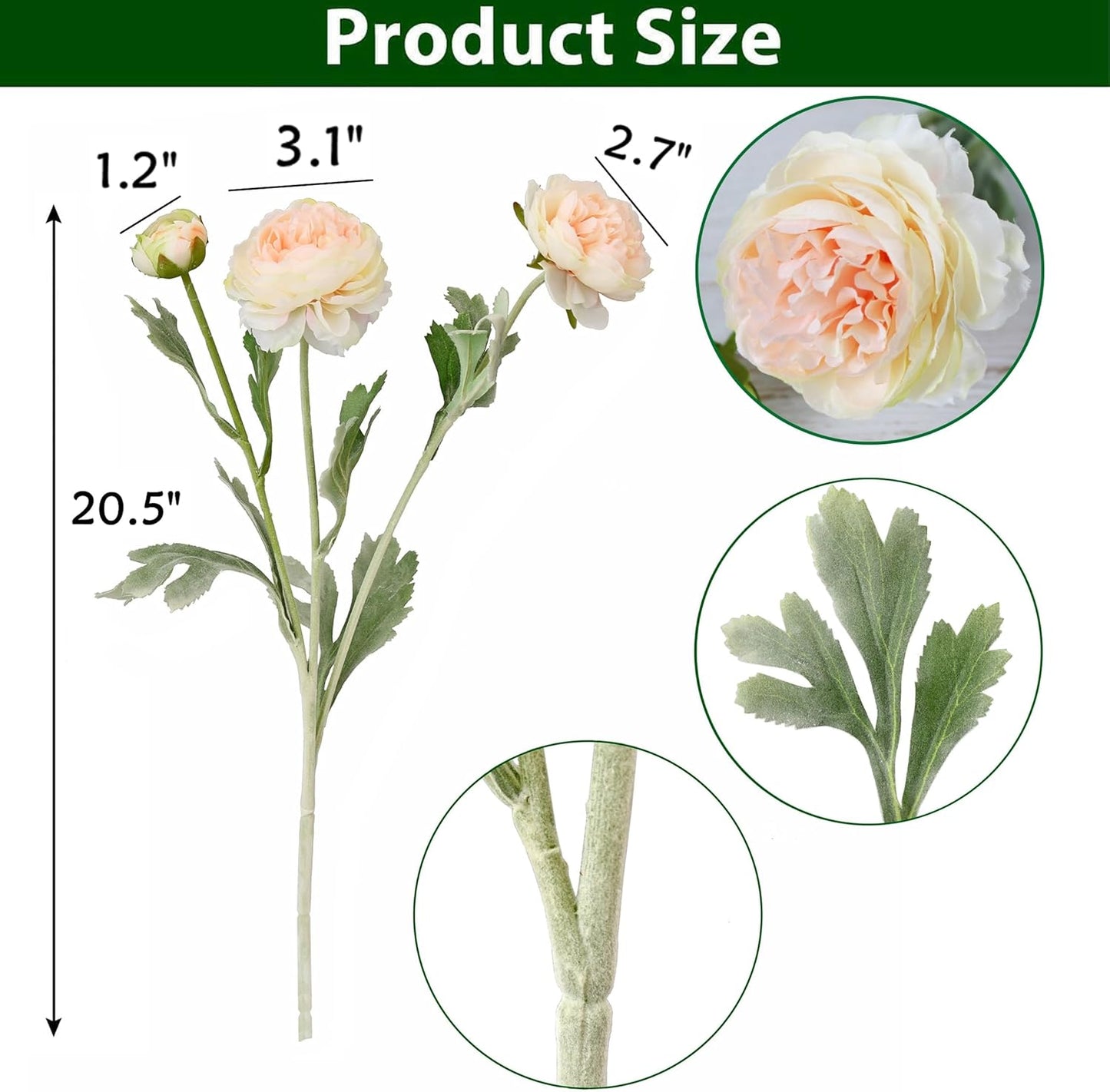 6PCS Artificial Ranunculus Flowers with Real Touch Stem for Household Arrangement (Light Orange)