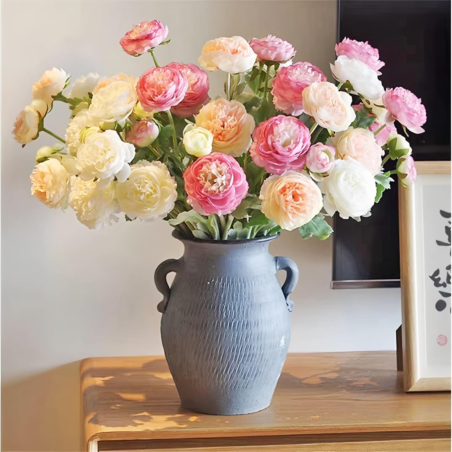 6PCS Artificial Ranunculus Flowers with Real Touch Stem for Household Arrangement (Light Orange)