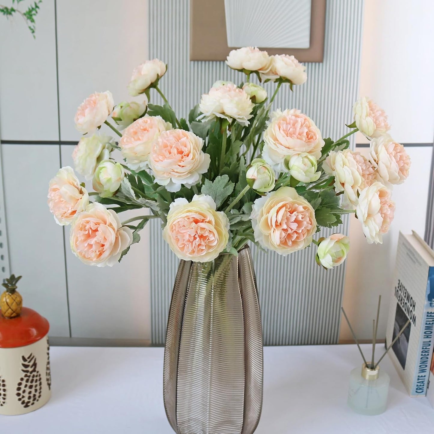 6PCS Artificial Ranunculus Flowers with Real Touch Stem for Household Arrangement (Light Orange)