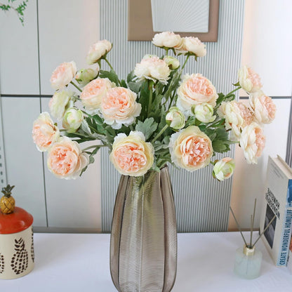 6PCS Artificial Ranunculus Flowers with Real Touch Stem for Household Arrangement (Light Orange)