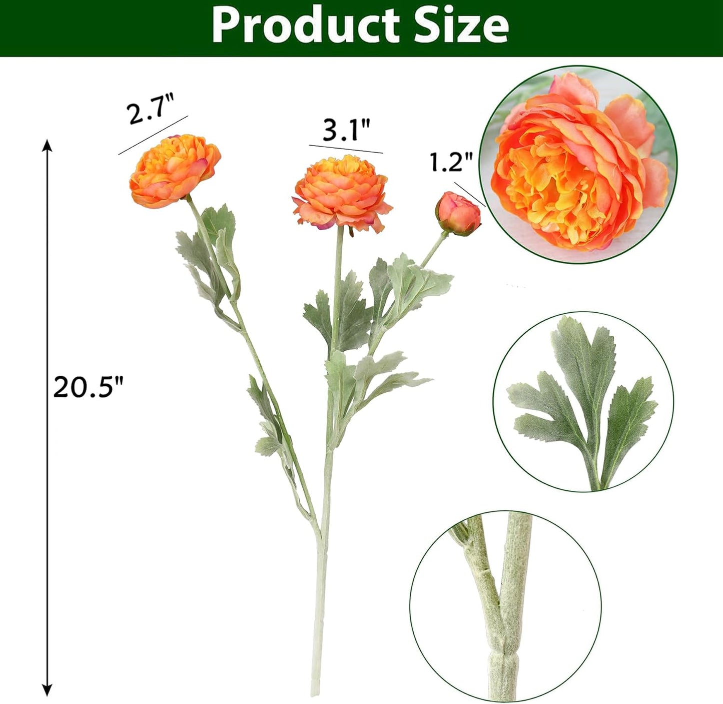 6PCS Artificial Ranunculus Flowers with Real Touch Stem for Household Arrangement (Light Orange)