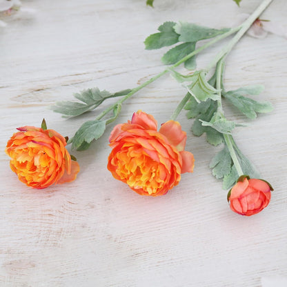6PCS Artificial Ranunculus Flowers with Real Touch Stem for Household Arrangement (Light Orange)