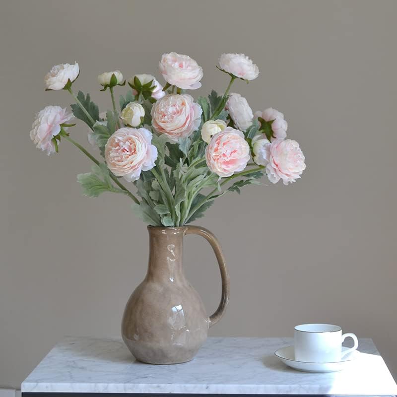 6PCS Artificial Ranunculus Flowers with Real Touch Stem for Household Arrangement (Light Orange)