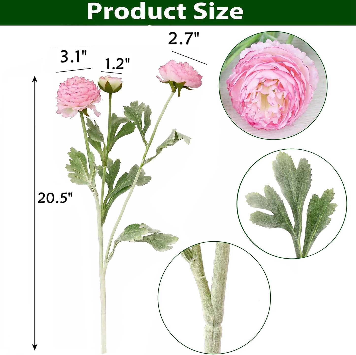 6PCS Artificial Ranunculus Flowers with Real Touch Stem for Household Arrangement (Light Orange)