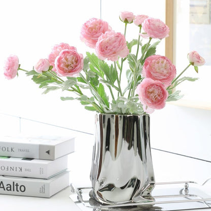 6PCS Artificial Ranunculus Flowers with Real Touch Stem for Household Arrangement (Light Orange)
